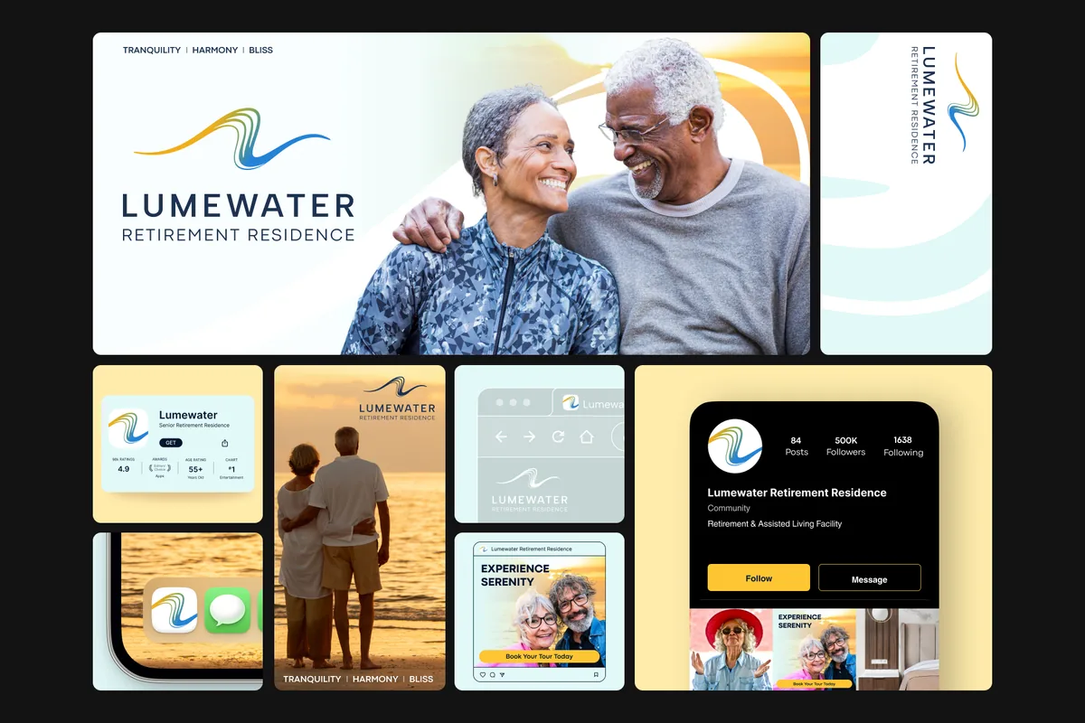Brand board for a retirement residence: wave logo with a smiling couple, app icon, browser tab, beach poster and a social profile