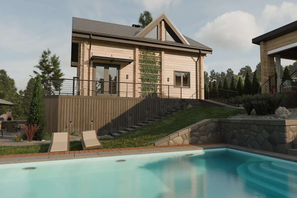 Final 3D render of a log house on a slope: terrace, stone retaining wall and a pool