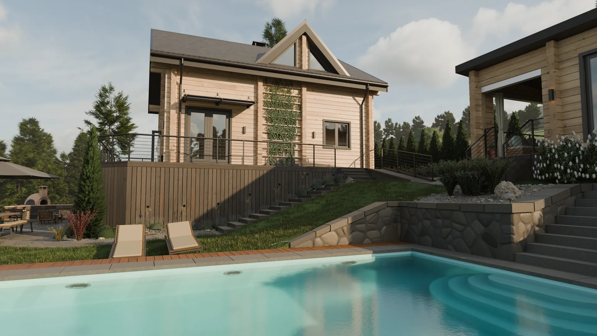 A render of the finished house: timber walls, a terrace, a pool with loungers