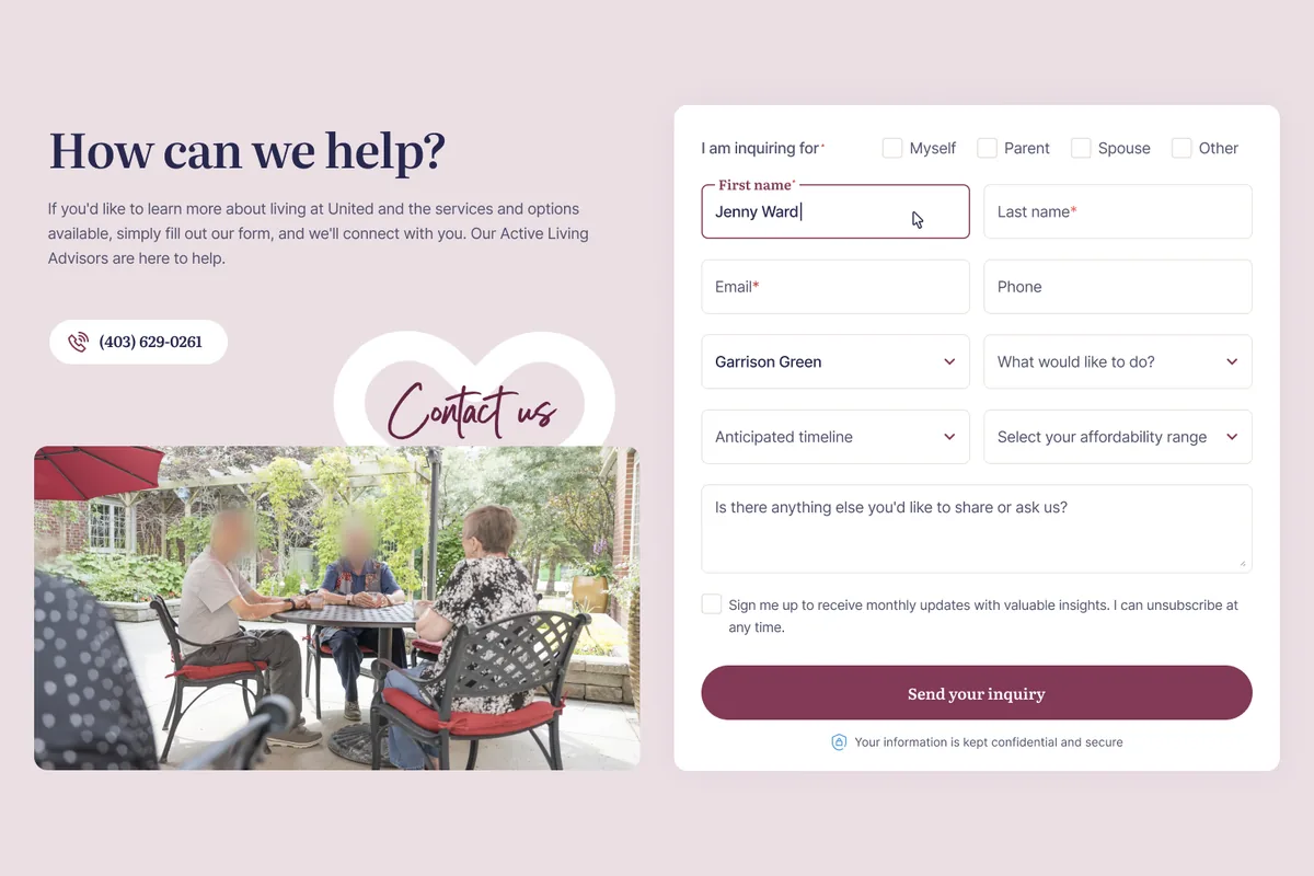 Contact section for a senior living community: an inquiry form beside residents talking on a garden patio